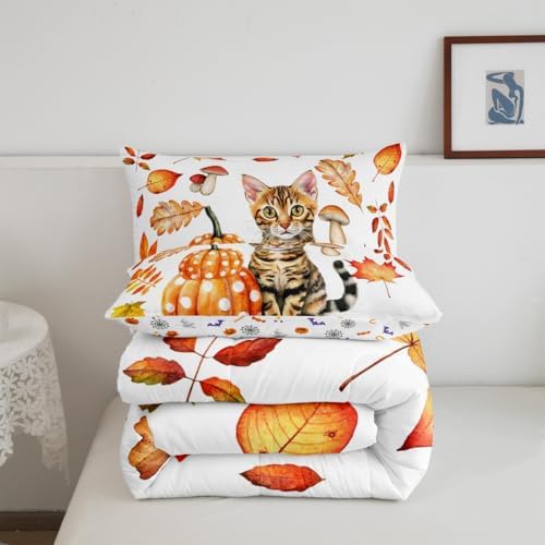Erosebridal Pumpkin Comforter Cat Fall Decor Bedding Cartoon Cat Bedding Comforter Sets, Autumn Harvest Theme Duvet Insert Thanksgiving Gifts Down Comforter for Girls Boys Bedroom Collection, Queen - Image 4