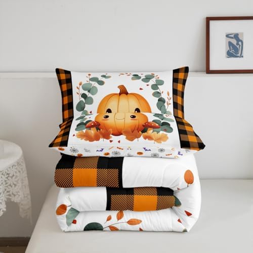 Erosebridal Fall Bedding Twin,Thanksgiving Pumpkin Comforter Set Green Eucalyptus Leaves Bed Sets Thanksgiving Autumn Leaf Duvet Insert 2 Pieces - Image 6