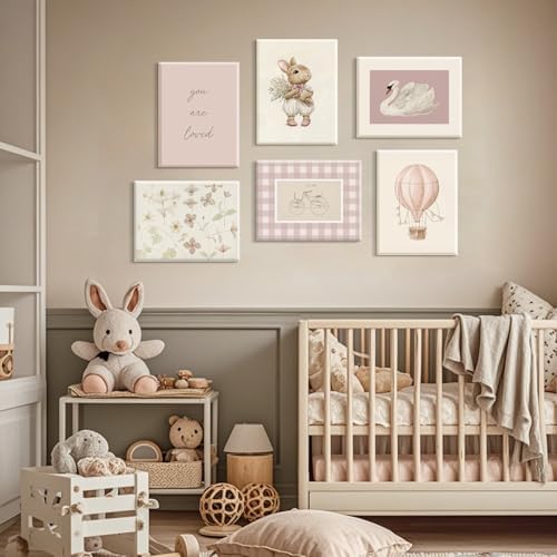 Pink Nursery Wall Art Baby Girl Canvas Wall Decor Vintage Poster Bunny Flower Wall Art Antique Preppy Pictures Animal Floral Prints Kids Swans Painting for Girls Room Bedroom 8x10x6 Inch Framed - Image 7