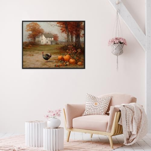 Autumn Farmhouse Wall Art with Turkey and Pumpkins – Vintage Thanksgiving Landscape Poster,Rustic Fall Harvest Canvas Print for Dining Room Decor 11x14in Black aluminum frame - Image 5