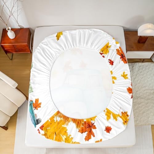 Pumpkin Truck Bed Sheets Fall Thanksgiving Harvest Seasonal Fitted Sheet Set Twin Autumn Maple Leaf Bedding Set Farmhouse Home Room Decor Watercolor Rustic Sheet Set Orange White Flat Sheet 3 Pcs - Image 5
