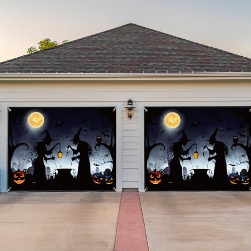 Preboun Halloween Garage Door Cover Banner Decor Witch Silhouette 7 x 9 ft - Image 4
