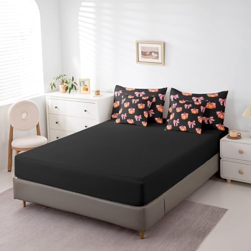 Erosebridal 7 Piece Girls Kawaii Fall Theme Bedding Set Full Bowknot Pumpkin Kids Bed in A Bag Watercolor Thanksgiving Comforter Set 7 Piece Cute Fall Pumpkin Sheet Set with Comforter - Image 5
