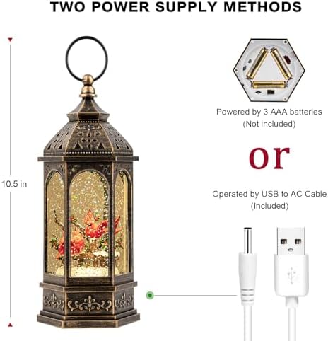 Christmas Snow Globe Lantern Water Glittering 10.5'' Cardinal with Music& Timer, USB Lined/Battery Operated Lighted Lantern for Christmas Festival Decoration Gifts - Image 6