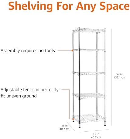 Amazon Basics 5-Shelf Tower Adjustable Storage Shelving Unit, Chrome, 16" x 16" x 54", 150 lbs Per Shelf - Image 2