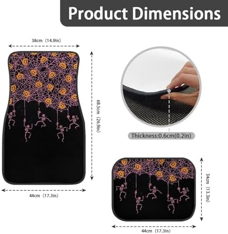 Pink Spider Web Skeleton Black Print Funny Halloween Car Floor Mats 4 PCS, Cute Durable Interior Accessories for Car SUV, All Weather Floor Mats with Front Rear Trunk Liners Set for Party