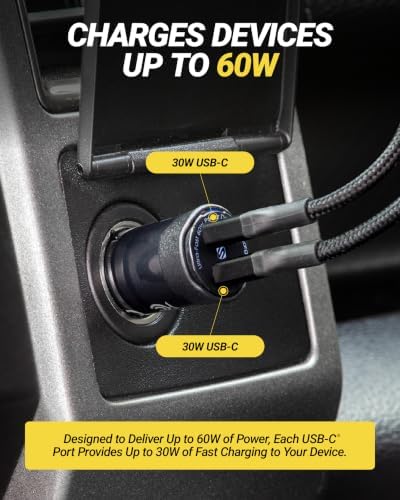 Scosche CPDCC60 PowerVolt 60W Certified Dual USB Type-C + Type-C Fast Car Charger Power Delivery 3.0 with PPS for All USB-C Devices