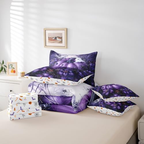Erosebridal Halloween Pumpkin King Comforter Set 7 Piece,Gothic Purple Floral Bedding Set with Sheets Spooky Ghost Bed in A Bag for Kids Adults,Spider Web Decor Bed Set with Comforter - Image 6