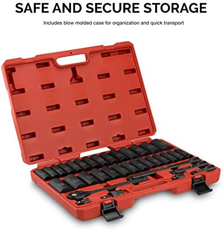 NEIKO 02446A 1/2" Impact Socket Set, 35 Piece, Deep Socket Kit Assortment, Standard SAE (3/8”-1-1/4”) and Metric MM (10-32mm) Sizes, Includes Ratchet Handle and Impact Extension Bars - Image 2