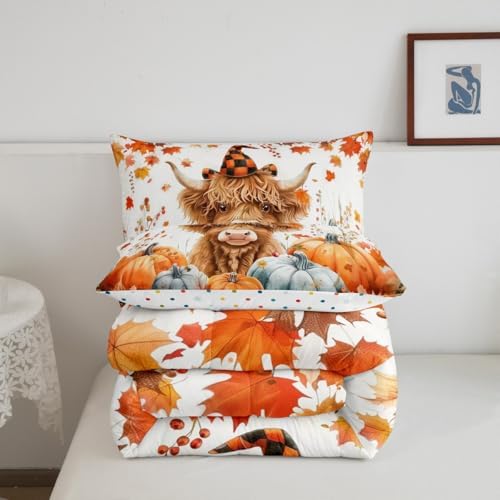 Feelyou Fall Bedding Set for Girls Boys Kids King Size Maple Leaves Pumpkin Comforter Cover Room Decor Highland Cow Duvet Cover Orange White Quilt Set - Image 3