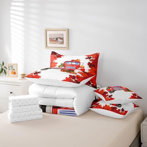 Erosebridal Autumn Harvest Queen Comforter Set 7 Piece,Red Maple Leaves Farmhouse Car Bed in a Bag,Thanksgiving Pumpkin Bedding Comforter Sets with Comforter,Shams,Pillowcases,Flat Sheet,Fitted Sheet - Image 6