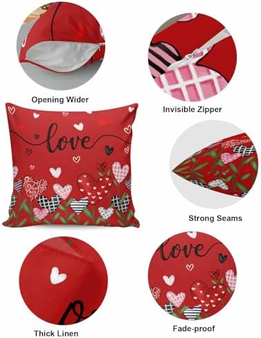 Valentines Day Heart Floral Pillow Covers 18x18 Inch Set of 2, Love Flower Field Decorations Outdoor Throw Pillow Covers, Holiday Linen Square Pillowcases for Sofa Couch Bedroom Patio Decorative - Image 5