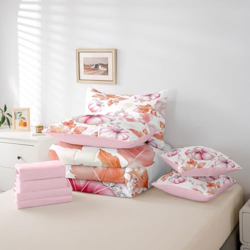 Erosebridal Girls Pink Fall Twin Comforter Set 7 Piece,Maple Leaves Pumpkin Kids Bed in A Bag with Sheets Glitter Diamond Autumn Bedding Set for Teen Girl Women,Thanksgiving Harvest Bed Set - Image 6