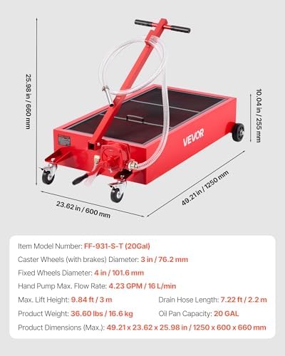 VEVOR Low Profile Oil Drain Pan, 20 Gallon Capacity, Rolling Oil Drain Pan with Manual Pump, 7.2 ft Hose & T Folding Handle, Leak-Proof & Corrosion-Resistant, Fit for Cars, SUVs, Trucks, ATVs, Red - Image 6