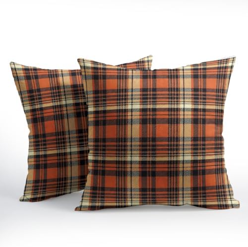 Fall Orange Plaid Throw Pillow Covers 24x24 Set of 2 Autumn Tartan Gingham - Image 3