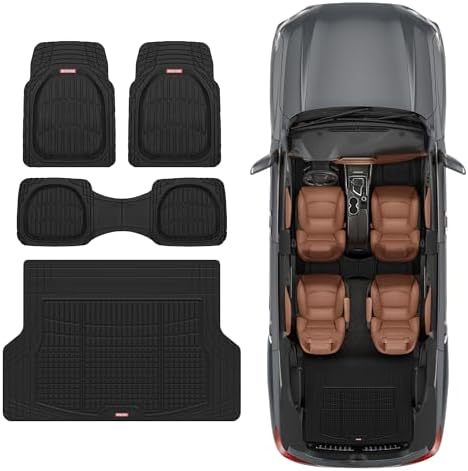 Motor Trend FlexTough Contour Liners Deep Dish 3 pc Rubber Floor Mats & Trimmable Trunk Liner Cargo Mat - Heavy Duty All Weather Protection Car Mats with Traction Grips Car Accessories (Black)