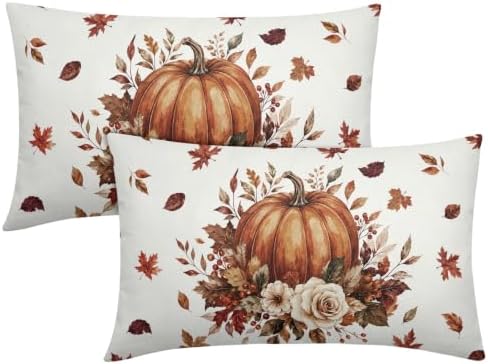 Fall Pumpkin Lumbar Pillow Covers 12x20 Set of 2 Burnt Orange Maple Leaves Floral Outdoor Throw Pillows Covers Thanksgiving Rustic Decorative Farmhouse Cushion Case for Room Couch Sofa by Unknown