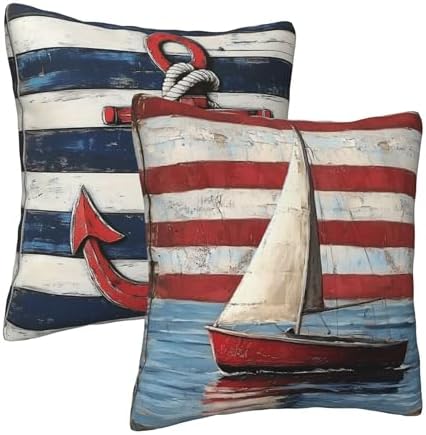 Striped Nautical Throw Pillow Covers 18x18 inch Set of 2 Boat Anchor Pillow Case Cushion Cover for Home Sofa Couch Living Room Car Decor - Image 2