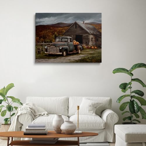 Vintage Truck with Pumpkins Wall Art – Rustic Fall Barn Landscape Canvas,Country Farmhouse Poster for Thanksgiving Entryway or Autumn Living Room Decor 20x30in Large Frame wall art - Image 4