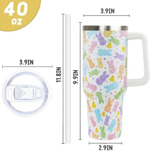 Easter Tumbler 40oz Bunny Cup Coffee Mugs Cute Peeps Chick Leak Proof Cups with Handle and Straw Stainless Steel Vacuum Insulated Water Bottle Easter Gifts Spring Decor (1PCS) - Image 3