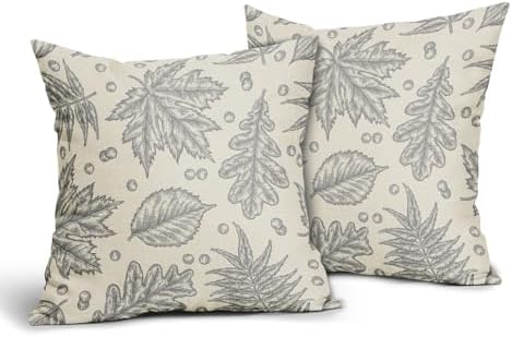 Grey Gray Fall Pillow Covers 16x16 Set of 2 Cream Maple Leaf Print Autumn Colored Harvest Decorative Outdoor Pillowcases Farmhouse Seasonal Throw Cushion Case Decor for Home Couch Sofa Bed - Image 2