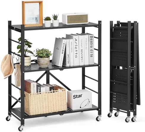 VEVOR 3-Tier Foldable Storage Shelf, 30W x 13D x 36H Inch Folding Metal Rack Shelving Unit, No Assembly Organizer Shelf with 5 Wheels & 4 Hooks for Pantry, Kitchen, Garage, Basement, Black by VEVOR