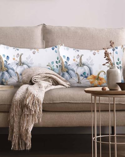 Blue Orange Pumpkins Fall Pillow Covers 12x20 Inch Set of 2, Thanksgiving Decorations Leaves Outdoor Throw Pillow Covers, Autumn Holiday Square Pillowcases for Patio Sofa Couch Bedroom Decorative - Image 2