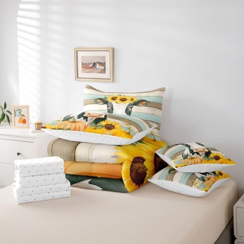 Erosebridal Milk Cow Full Comforter Set - 7 Pieces Yellow Sunflower Thanksgiving Pumpkin Bedding Sets Full Bed in a Bag with Reversible Cowboys Farm Animals Comforter,Sheets,Pillowcases & Shams - Image 6