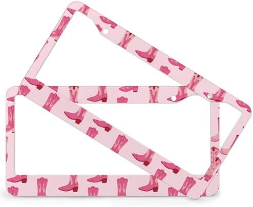 2Pack 2 Holes Pink Retro Cow Boots License Plate Frame Aluminum Car Decorative Parts Cars Decor Vintage Western License Plate Cover Frames for Standard US Vehicle 12.2x6.3 in