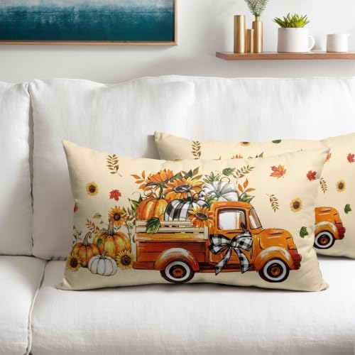 Fall Orange Truck Throw Pillow Covers 12x20 Set of 2 Buffalo Plaid Pumpkin Sunflower Thanksgiving Pillow Covers Plaid Bow Maple Leaves Pillowcase for Kitchen Sofa Cushion Outdoor Bedroom Decoration - Image 3