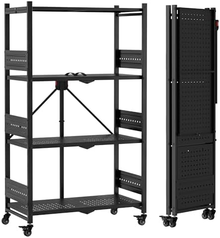 WORKPRO 4-Tier Folding Shelf, No-Assembly Metal Storage Rack with Wheels, 600 lbs Capacity (with Leveling Feet), Collapsible Shelving Unit for Kitchen, Pantry, Bathroom & Closet Organization by WORKPRO