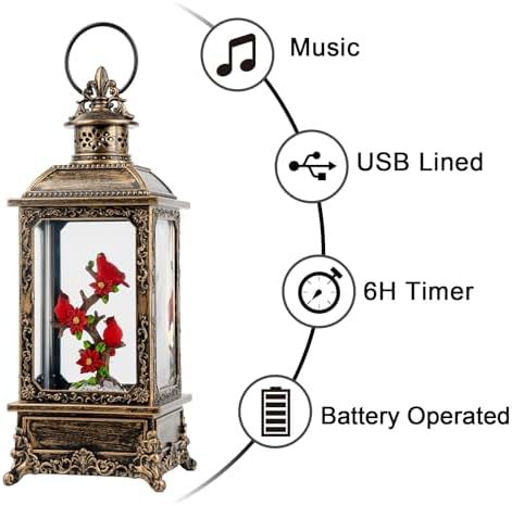 Christmas Snow Globe Water Glittering Cardinal Lantern with Music & Timer, USB Lined/Battery Operated Lighted Lantern for Christmas Festival Decoration Gifts - Image 5