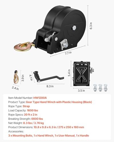 VEVOR Boat Winch, 1600 lbs Hand Winch, Heavy Duty Manual Rope Crank with 20ft Orange Polyester Strap, Portable Two-Way Ratchet, 2 Speed Switchable, Anti-Slip Handle Gear for Boat Trailer ATV Towing - Image 7