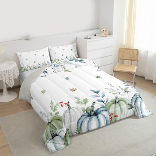 Erosebridal Pumpkins Eucalyptus Leaves Comforter Set for Kids Boys Girls Blue Pumpkins Fall Decor Bedding Autumn Fall Duvet Set Thanksgiving Farmhouse Comforter Twin with 1 Pillowcase - Image 4
