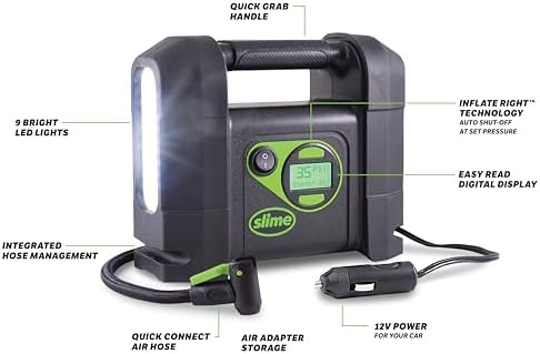 Slime 40047 Tire Inflator, Portable Car Air Compressor, Rugged, Inflate Right automatic shut off, with Digital 99 psi Display, Long Hose and LED Light, 12V, 4 min inflation - Image 6