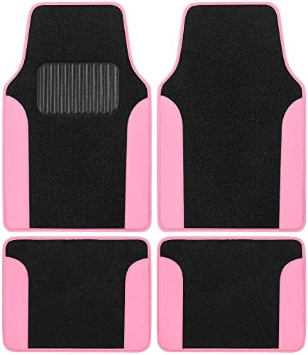 BDK Carpet Floor Mats for Cars, Two-Tone Carpet Car Mat with Faux Leather Accents, Automotive Floor Mat Sets with Built-in Heel Pad, Stylish Interior Car Accessories Pink