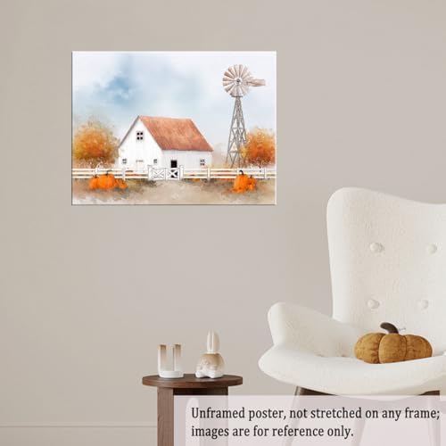 White Barn with Pumpkins Wall Art – Autumn Farmhouse Landscape Poster,Rustic Fall Windmill Canvas Print for Entryway or Thanksgiving Dining Room Decor 11x14in Unframed - Image 4
