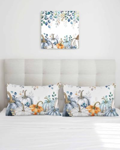 Blue Orange Pumpkins Fall Pillow Covers 12x20 Inch Set of 2, Thanksgiving Decorations Leaves Outdoor Throw Pillow Covers, Autumn Holiday Square Pillowcases for Patio Sofa Couch Bedroom Decorative - Image 3