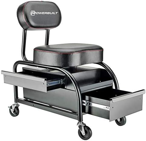 Powerbuilt Professional Car Detailers Mechanics Roller Seat, Heavy Duty Garage Stool with Thick Padded Seat and Backrest, 2 Sliding Storage Drawers, Tool Tray, Can Holders, 3in. Swivel Casters–240299 - Image 3