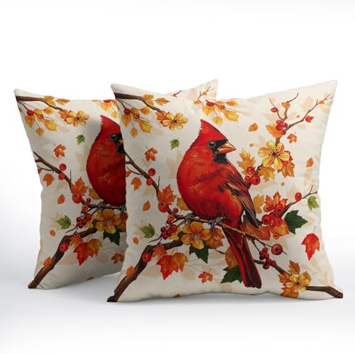 Fall Red Cardinal Bird Pillow Covers 22x22 Set of 2 Autumn Orange Thanksgiving Maple Leaves Outdoor Throw Pillows Covers Tree Holiday Decorative Farmhouse Cushion Case for Living Room Couch Sofa - Image 2