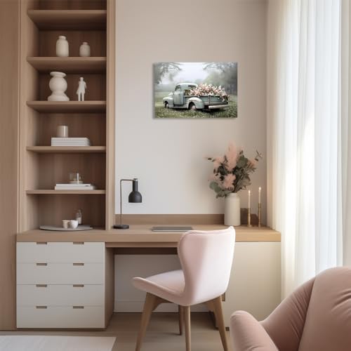QIXIANG Farmhouse Truck Canvas Wall Art Old Car and Pink Flower Picture Prints for Bedroom Home Living Room Decor with Framed (16.00" x 24.00", Truck) - Image 3