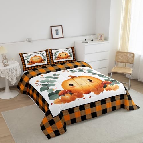 Erosebridal Fall Bedding Full,Thanksgiving Pumpkin Comforter Set Green Eucalyptus Leaves Bed Sets Thanksgiving Autumn Leaf Duvet Insert 3 Pieces - Image 3