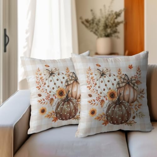 Fall Thanksgiving Pillow Covers 20x20 Set of 2 Autumn Pumpkin Maple Leaves Dot Floral Outdoor Throw Pillows Covers Orange Cream Plaid Bow Decorative Farmhouse Cushion Case for Living Room Couch Sofa - Image 3