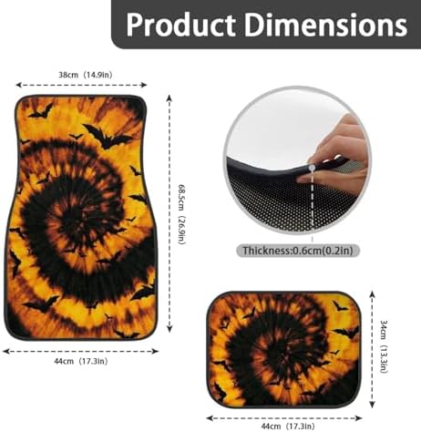 Orange Black Tie Dye Bat Print Funny Halloween Car Floor Mats 4 PCS, Cute Durable Interior Accessories for Car SUV, All Weather Floor Mats with Front Rear Trunk Liners Set for Party