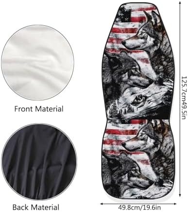American Flag Front Car Seat Covers Set of 2, Grey Wolf Print Breathable Decorative Seat Protectors, Easy Install Stretch Fit for SUV Sedan Truck