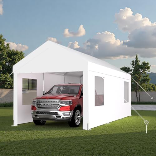 10x20FT Canopy, Outdoor Portable Garage with 2 Roll-Up Doors & 4 Ventilated Windows, Patio Camping Heavy Duty Car Port Canopy with PE Cover, Ground Pegs & Steel Cables, Easy Assembly, White - Image 5