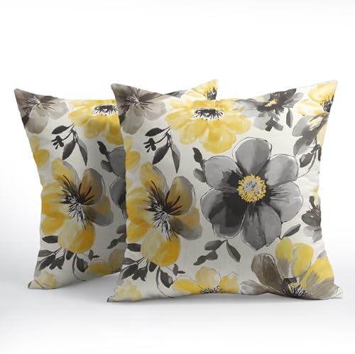 Summer Pillow Covers 22x22 Inch Set of 2, Floral Throw Pillow Covers Yellow Gray Pillowcase, Watercolor Decorative Seasonal Spring Flower Cushion Case Couch for Indoor Outdoor Home Decor - Image 2