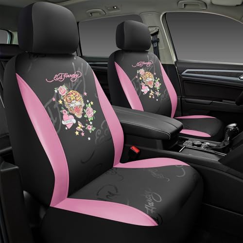 ED HARDY Tiger Print Car Seat Covers, Pink Premium Leather Front Seat Covers, Universal Fit Automotive Covers for Most Cars, Trucks & SUVs, Airbag Compatible, Waterproof, Scratch Resistant