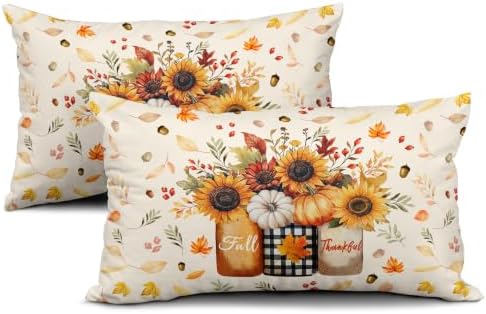 Sweetshow Autumn Sunflowers Vase Pillow Covers Set of 2 Cotton 20x12 Inches - Image 2