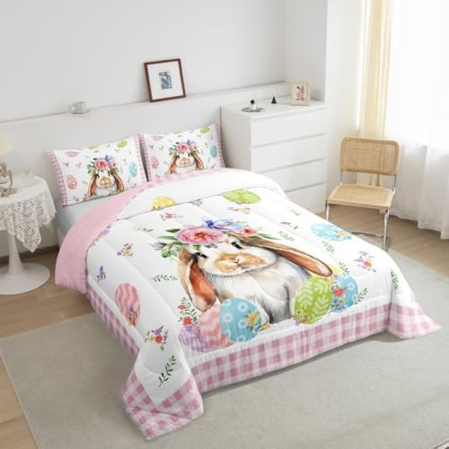 Homewish Happy Easter Comforter Set Full Size Cute Rabbit Animals Bedding Set 3pcs for Kids Girls Women Boys Room Decor Colorful Flowers Egg Quilt Set Pink Geometric Grid Duvet Insert,2 Pillowcases - Image 4